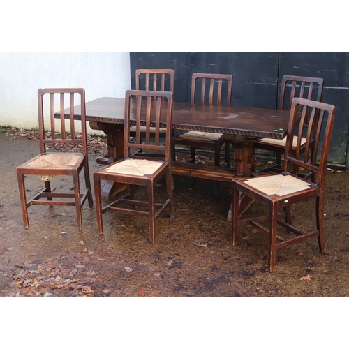 118 - Refectory Oak table together with six chairs fitted rush seats