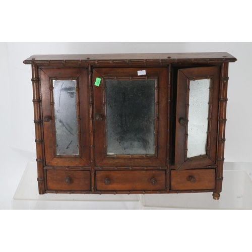 141 - Small antique mahogany wall cabinet with faux bamboo decoration, 3 mirrored doors and drawers (in ne... 