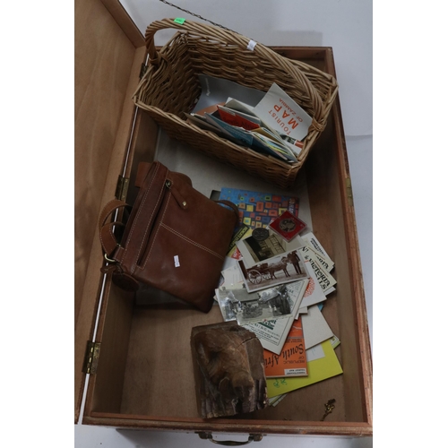 188 - Large wooden storage box, Carved wooden doorstop, basket and a selection of tourist guides some of C... 