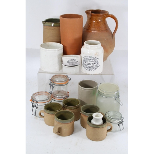 240 - Antique marmalade pots and similar, storage jar, and other kitchen items