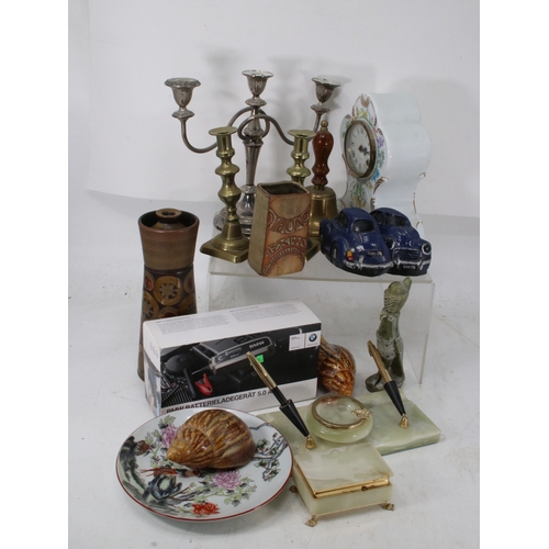 255 - A quantity of assorted sundries, onyx desk items, book, hand bell etc