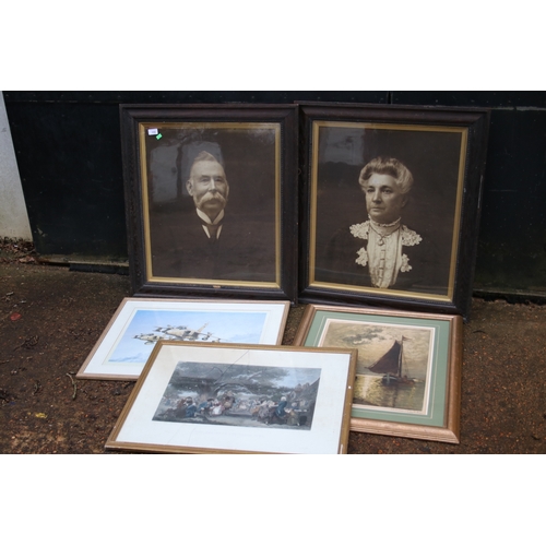 358 - Two oak framed large photographs and a lady and gentleman