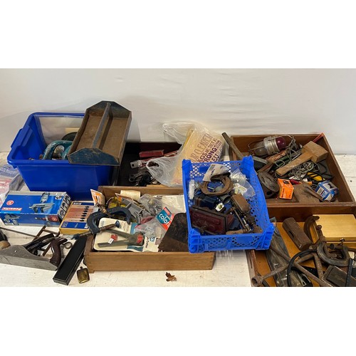 139 - Assortment of hand tools, tool box, deeds box etc