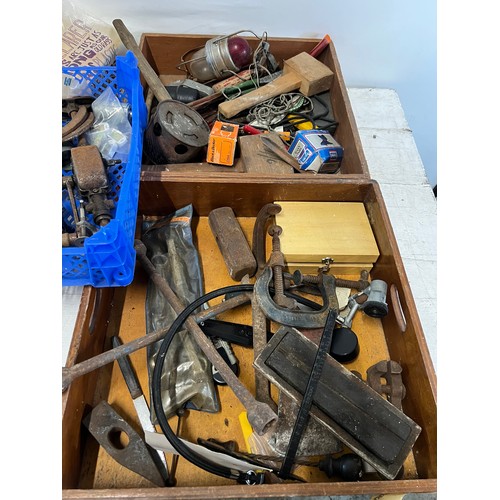 139 - Assortment of hand tools, tool box, deeds box etc