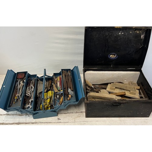 139 - Assortment of hand tools, tool box, deeds box etc