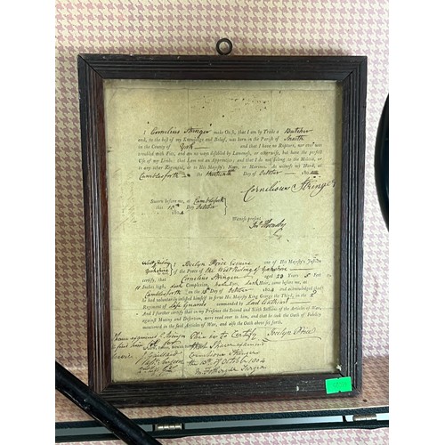 261 - Silver topped walking cane, framed antique document etc