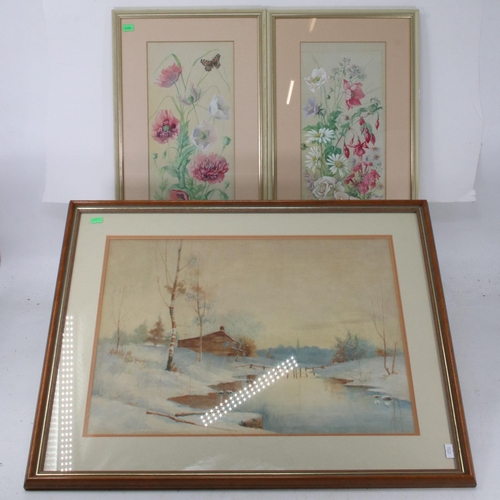 160 - Small prayer rug, two floral pictures, watercolour lone cottage winter scene and a Withy pot.