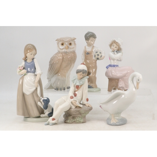 463 - Six Nao figurines to include Owl, Goose, girl with dog, boy with football etc