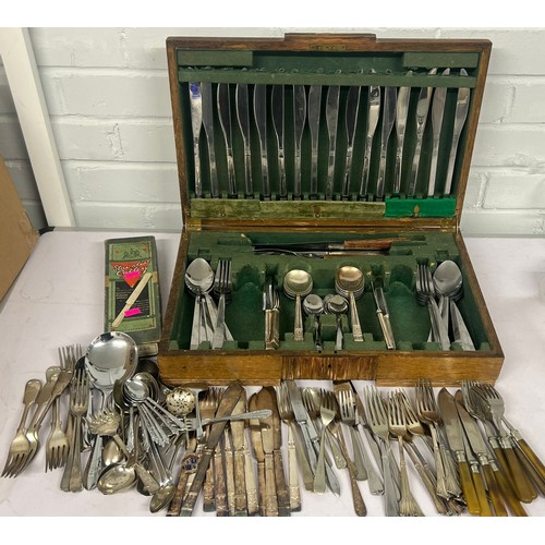 479 - Carton of assorted flatware, oak cased canteen