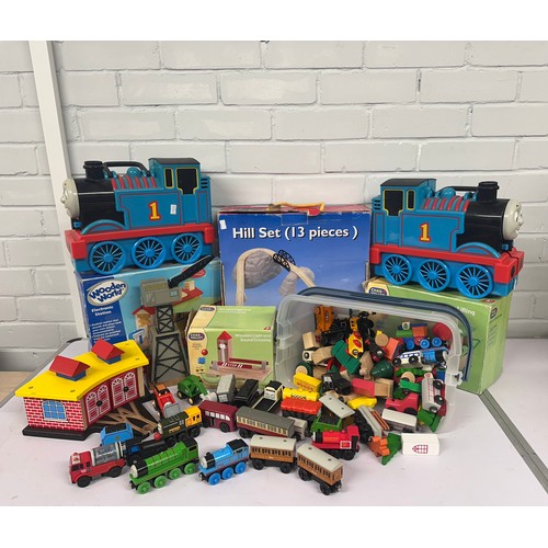 597 - Large selection of wooden children's play track including a good quantity of wooden Thomas the Tank ... 