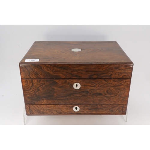 122 - Antique Rosewood vanity set with sliding jewellery tray, fitted with silver plated topped glass jars... 