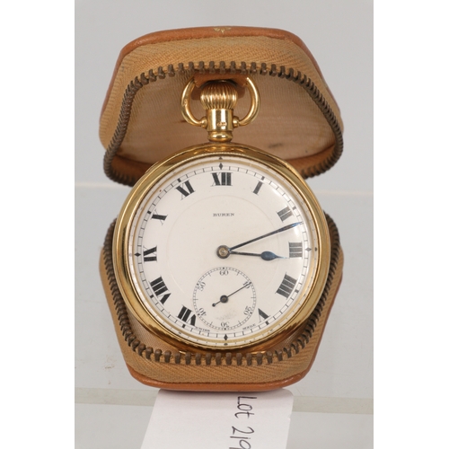 219 - An 18ct Gold Buren keyless wind pocket watch engraved initials to back in leather carry case