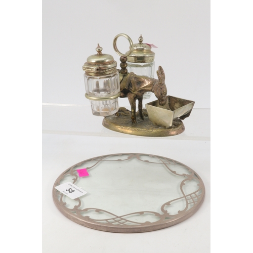 58 - Novelty cruet with plated donkey eating from salt bowl and two glass condiments