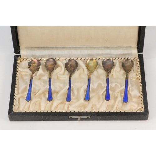 21 - A cased set of six Danish? sterling and enamelled spice spoons