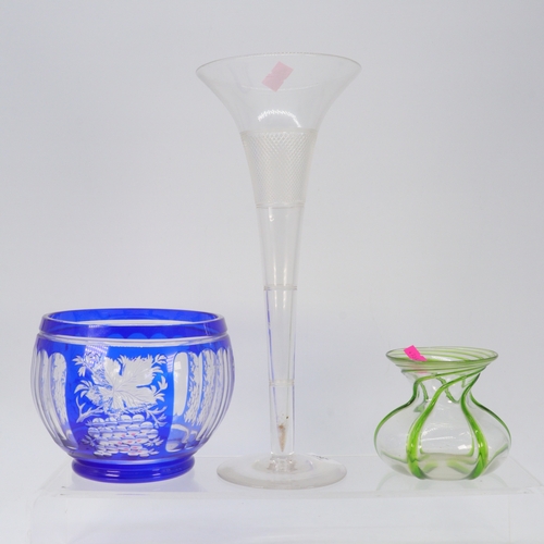 287 - Blue cut glass bowl together with a single glass epergne and a loetz style vase