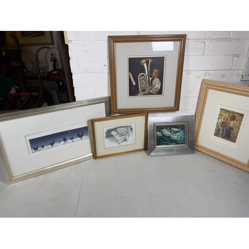 396 - A Framed Cecil Aldin print, unsigned oil painting of ducks, framed limited edition print of chickens... 