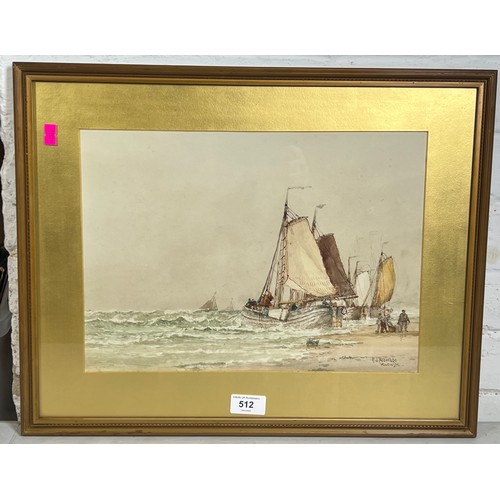 512 - Framed water colour of fishing boats on a beach signed F J Aldridge