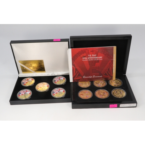 149 - Set of D Day gold plated capsulated coins together with a set of VE Day gold-plated capsulated coins