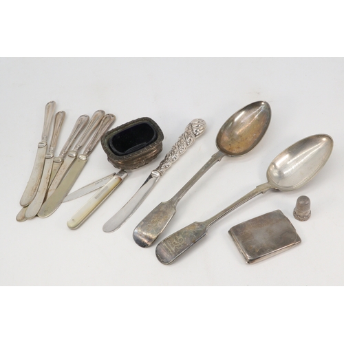 140 - A silver hallmarked match case, silver bladed fruit knife with mother of pearl handle, five silver h... 