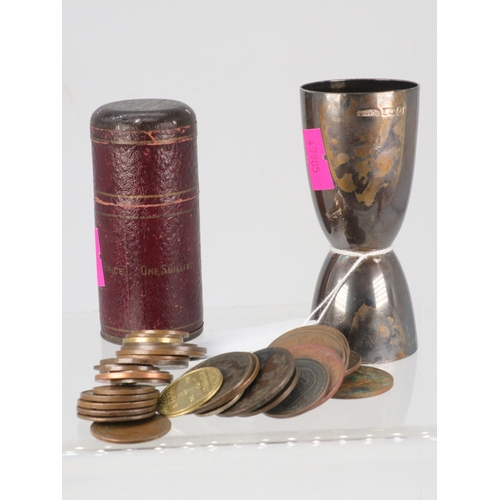 136A - A silver hallmarked spirit measure with personal engraving, and a quantity of copper coins Guernsey ... 