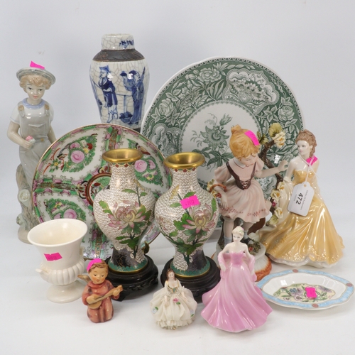 472 - Royal Worcester figurine, Coalport small figure, Chinese vase, plate, pair of cloisonné vases on sta... 