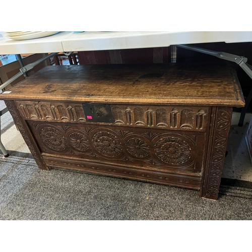 508 - Early antique coffer, legs have been cut down