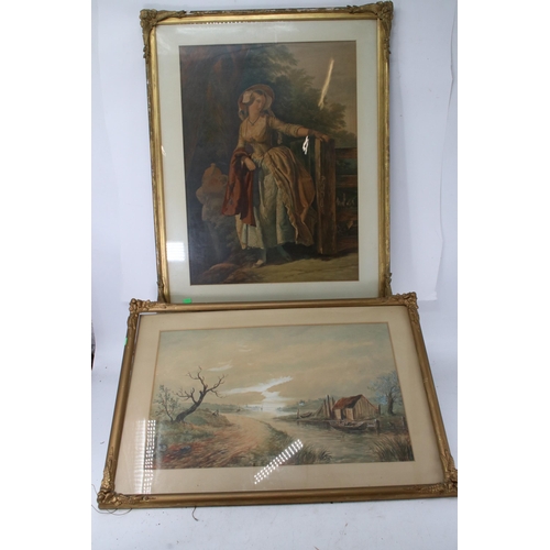 370 - Large victorian print together with a watercolour by Alfred Vickers 1786-1859 and a photograph of an... 