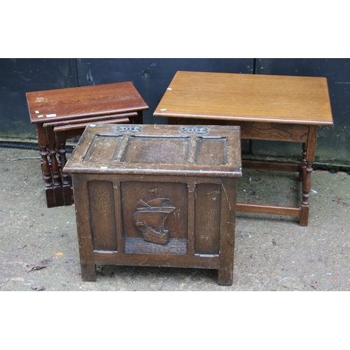 10 - Log box with ship motif together with an oak nest of tables and side table