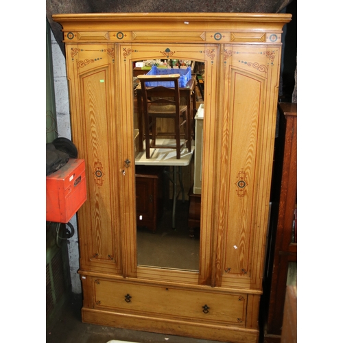 92 - Pitch pine single wardrobe with key measures approx. 126cmW x 58cmD x 205cmH