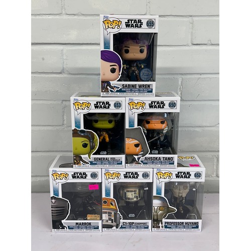 231 - Six boxed Funko Pop Ahsoka figures to include Sabine Wren 655 (Special Edition); C1-10P (Chopper) 65... 