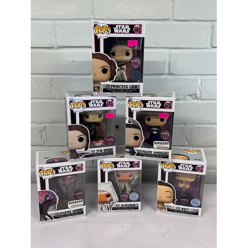 232 - Six boxed Funko Pop Power of the Galaxy figures to include Rey 577 (special edition), Sabine Wren (A... 