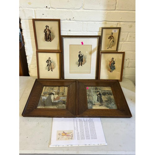 660 - Five framed Kyd Dickens prints together with two antique oak framed pictures 