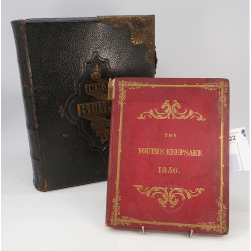 668 - Antique large family bible with gilt fasteners and  a Youths Keepsake 1856.