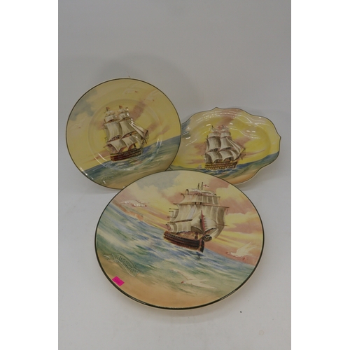 749 - Three Royal Doulton plates The Victory The flag ship of Lord Nelson at Trafalgar largest measures ap... 