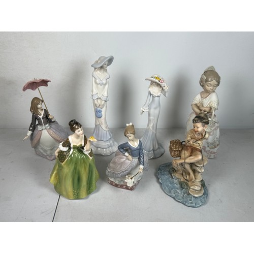 627 - Seven figurines to include Nao, Lladro, Royal Doulton Fleur 2368 etc