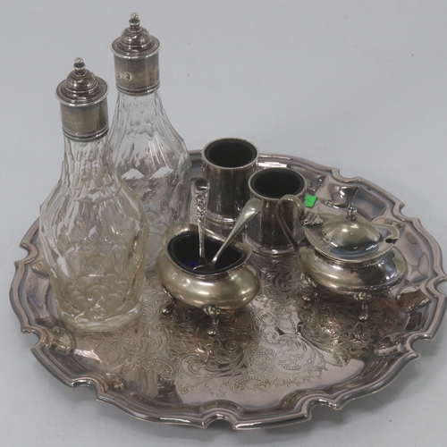 Pair of silver topped condiments together with silver-plated ware, etc.