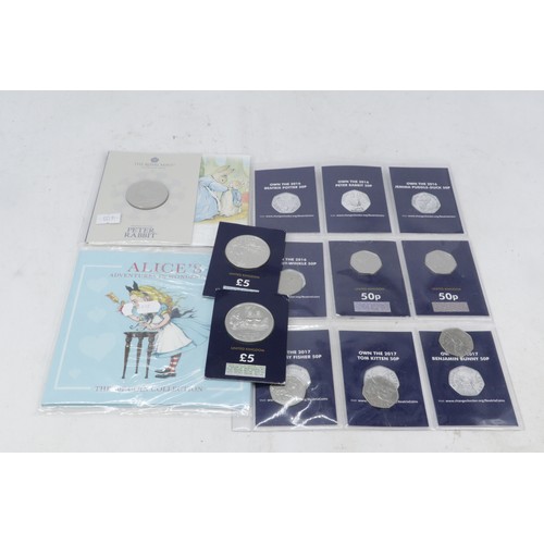 Alice adventures in wonderland 50p coin collection, £5 Peter Rabbit ...