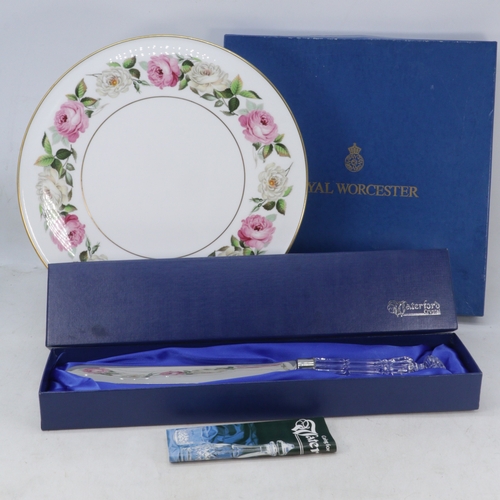 391 - Boxed Waterfords Bridal cake knife together with a boxed Royal Worcester cake plate