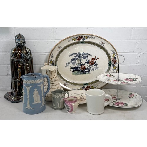 509 - WW2 Crescent china mug dated 1942, Stylecraft cake stand, large antique meat plate, Jugs, commemorat... 