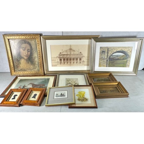 510 - Two small framed silhouettes, two pictures of huntsman on horses, together with a quantity of framed... 