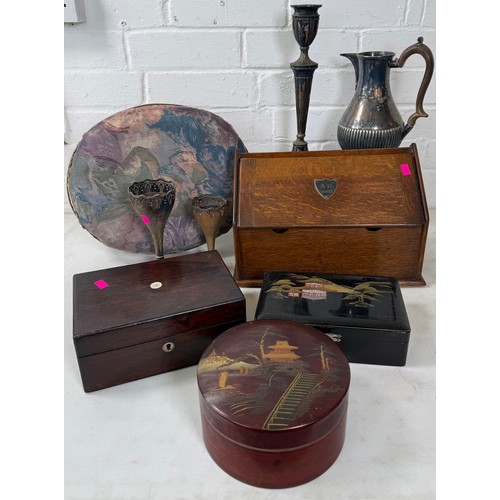 519 - Antique footstool, oak stationery rack, small workbox, plated candlestick, jug and two posy holders