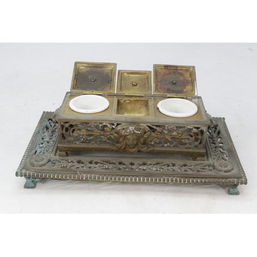 526 - Antique brass desk standish, Pair of spelter figures (approx. 48cm tall)