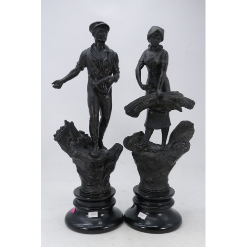 526 - Antique brass desk standish, Pair of spelter figures (approx. 48cm tall)