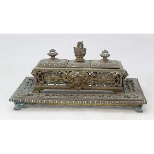 526 - Antique brass desk standish, Pair of spelter figures (approx. 48cm tall)