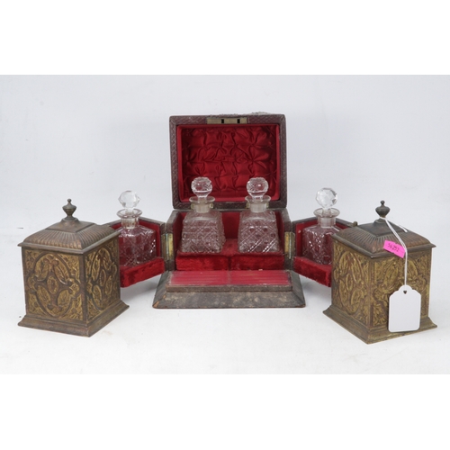 77 - Antique pair of brass tea caddy's together with a vanity perfume set of bottles.