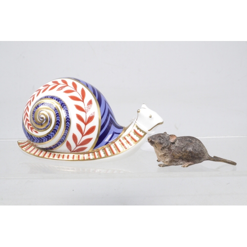 91 - Royal Crown Derby snail with gold stopper together with a Depose Geschult bronze mouse