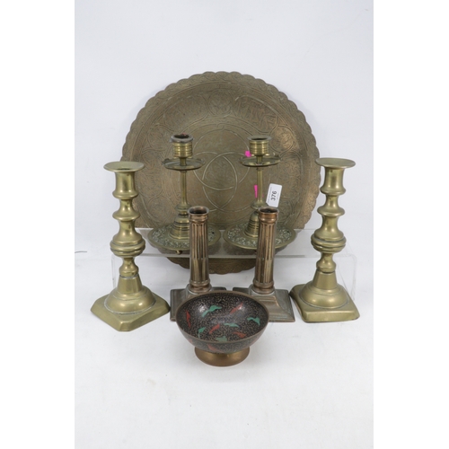 376 - Corinthian column candlesticks, two other pairs of candlesticks, brass ware etc