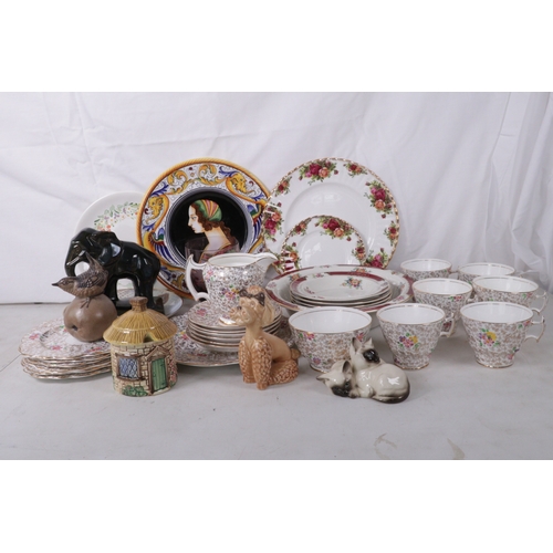 381 - A sylvac Poodle, Sylvac honey pot, glassware, Berwick cats, Phoenix china tea set etc