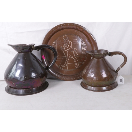 382 - Vintage copper Johnnie Walker tray together with a one gallon and half gallon jug