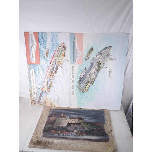 383 - Two original technical watercolours by Leonard Clifton one showing the landing dock and the other la... 